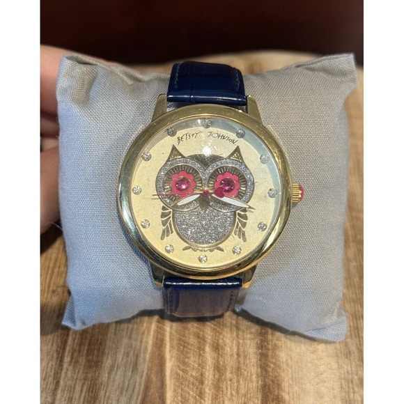 Betsey Johnson Accessories - Betsey Johnson Owl Face Watch Blue Leather Strap Gold‎ Tone Quartz As Is